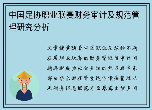 中国足协职业联赛财务审计及规范管理研究分析 中国足协职业联赛财务审计及规范管理研究分析