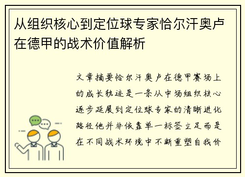 从组织核心到定位球专家恰尔汗奥卢在德甲的战术价值解析 从组织核心到定位球专家恰尔汗奥卢在德甲的战术价值解析