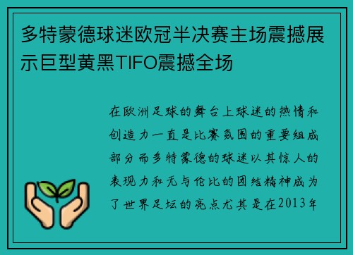 多特蒙德球迷欧冠半决赛主场震撼展示巨型黄黑TIFO震撼全场 多特蒙德球迷欧冠半决赛主场震撼展示巨型黄黑TIFO震撼全场